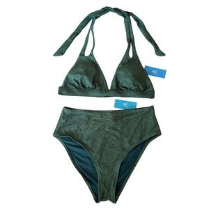 Cupshe Womens Dark Green Shimmer Textured High Waisted Bikini Set M